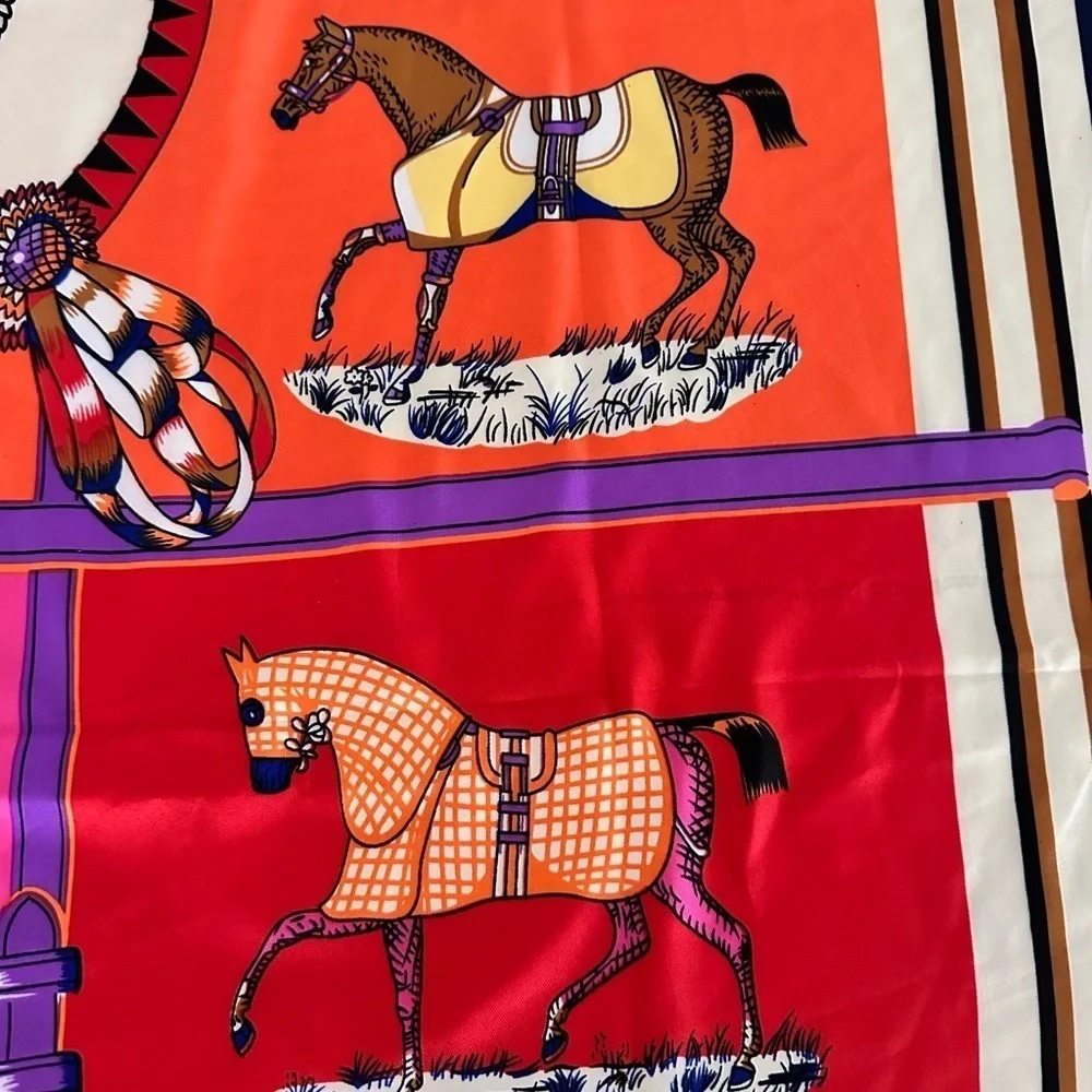 Equestrian 100% Silk Scarf  “Saratoga Rocks” 38”x 40” vibrant colors detailed‌‌